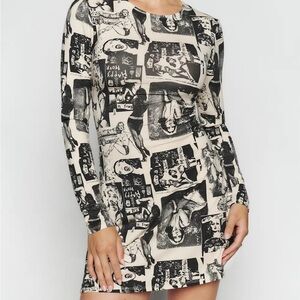 Reformation Black and Cream Graphic Long Sleeve Dress